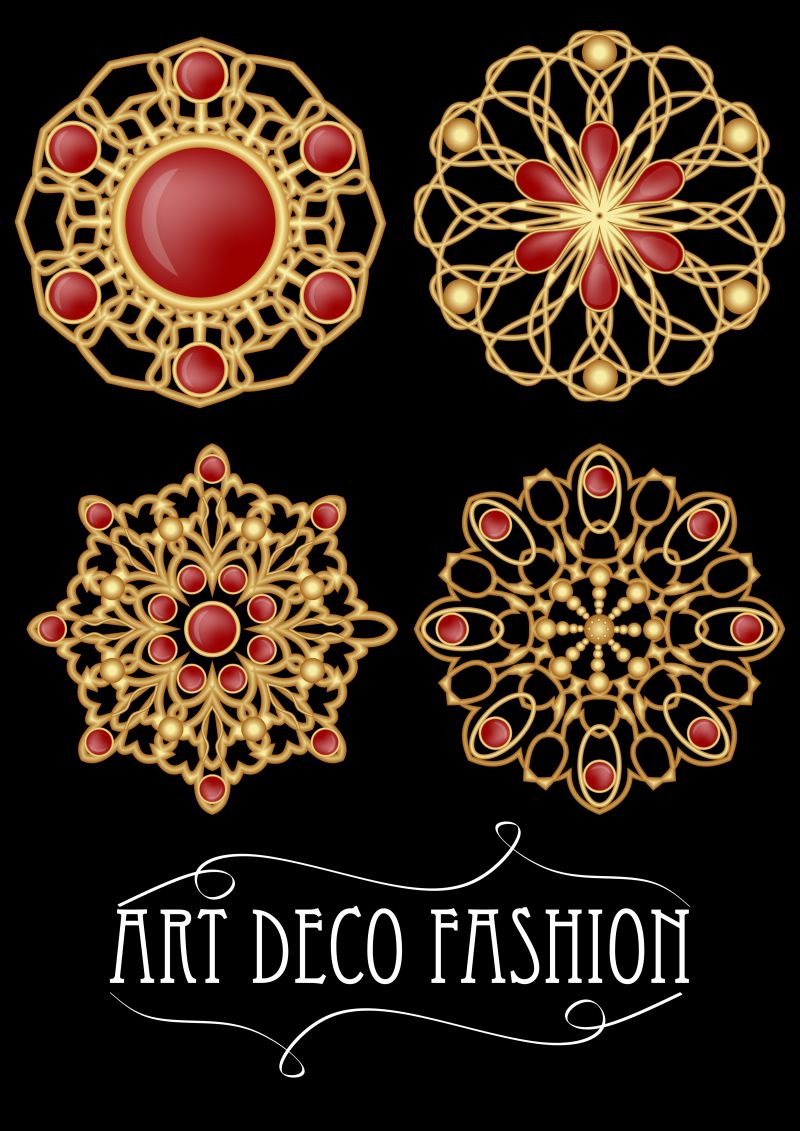 镶有金色宝石胸针的矢量金金属圆对称复古宝石