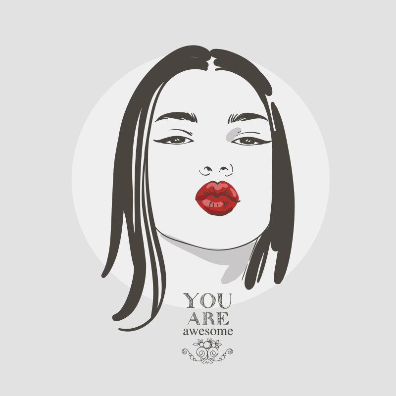 美丽的吻女人长长的黑发手绘孤立线矢量