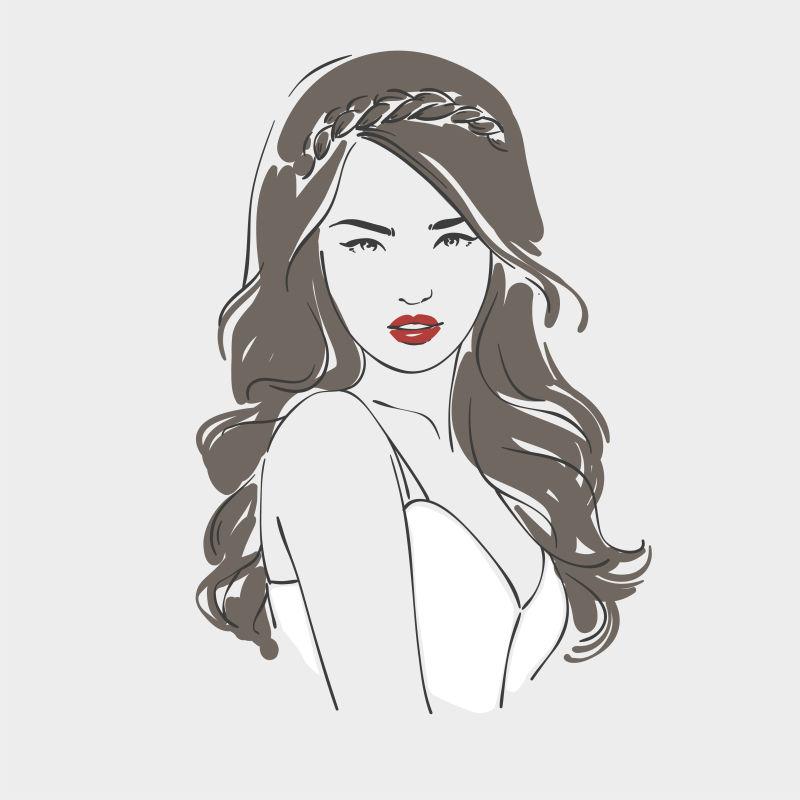 漂亮的女人长着复古发型从肩上看手绘线条矢量