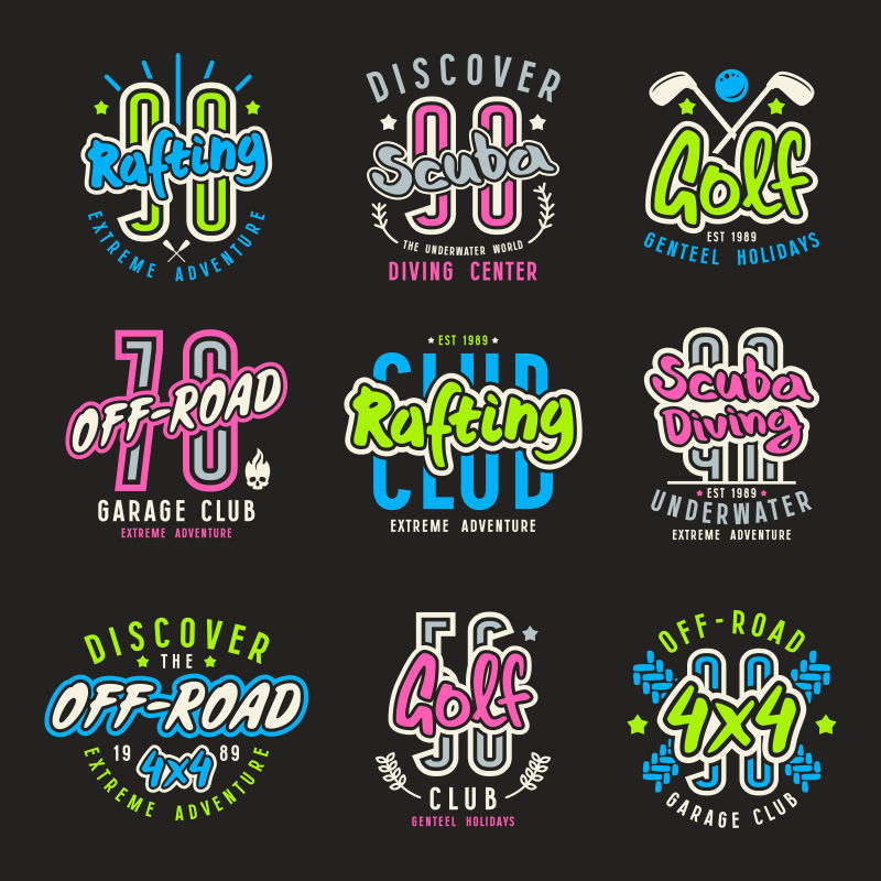 矢量抽象复古运动字母排列标签设计