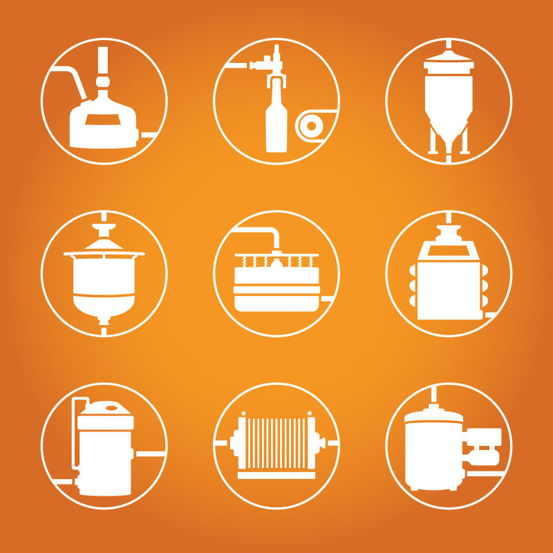 矢量啤酒酿造工艺的生产线图标集