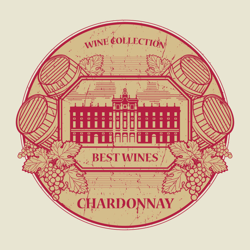 霞多丽葡萄酒橡胶矢量印章或标签