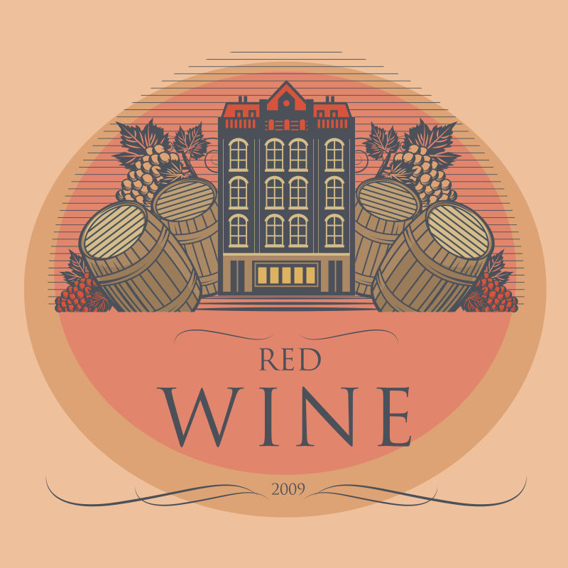 旧式酒桶和庄园的葡萄酒矢量标签