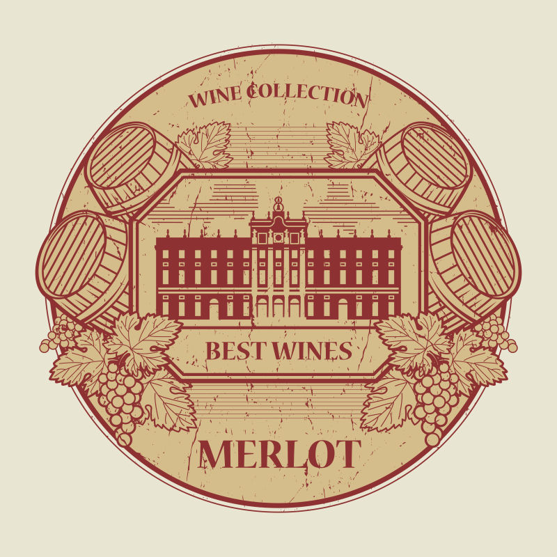 木桶和葡萄的葡萄酒矢量标签