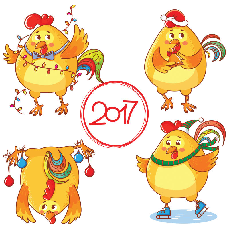 各种姿势的卡通公鸡矢量图