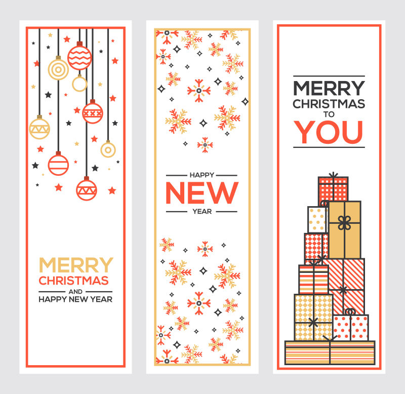 一套扁平的线条设计圣诞贺卡和新年贺卡矢量插图