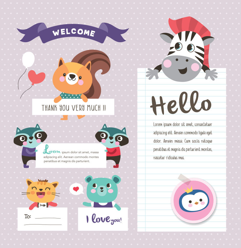 卡通动物贴纸信纸矢量