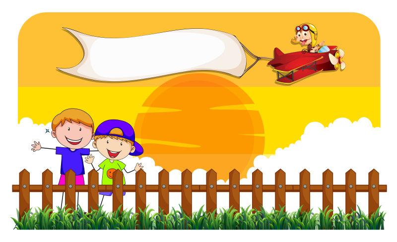 篱笆后面的孩子和飞机矢量插图