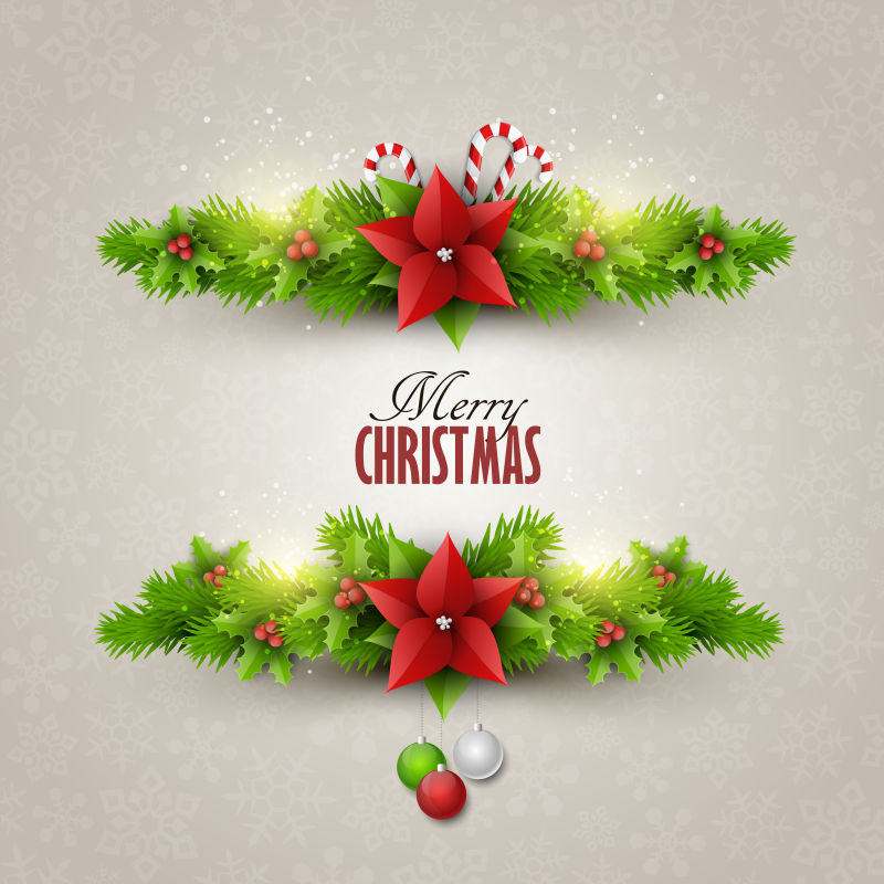 带有杉木树枝和矢量装饰元件的圣诞贺卡