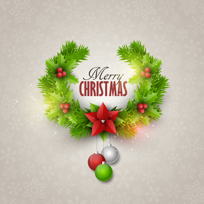 带有杉木树枝和装饰元件的矢量圣诞贺卡