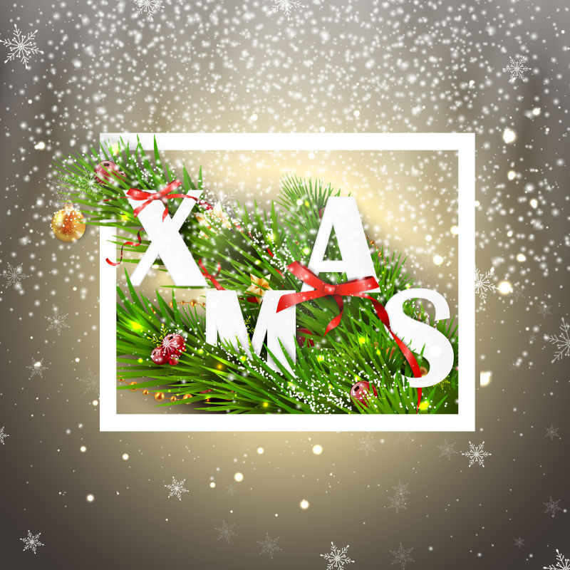 矢量圣诞贺卡有雪帽红丝带蝴蝶结圣诞球落雪浆果和松枝