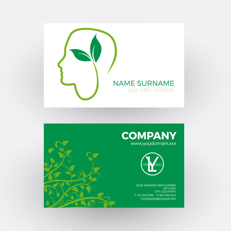 有绿色树枝和人头像的名片设计