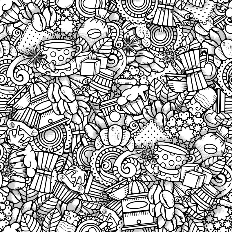 矢量黑白咖啡主题无缝图案设计