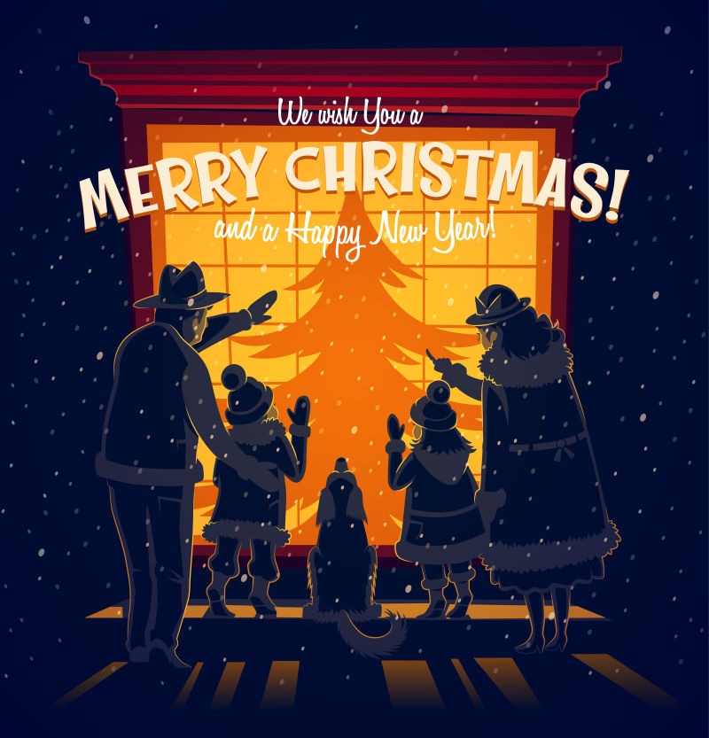 圣诞节一家人站在商店橱窗前矢量插图