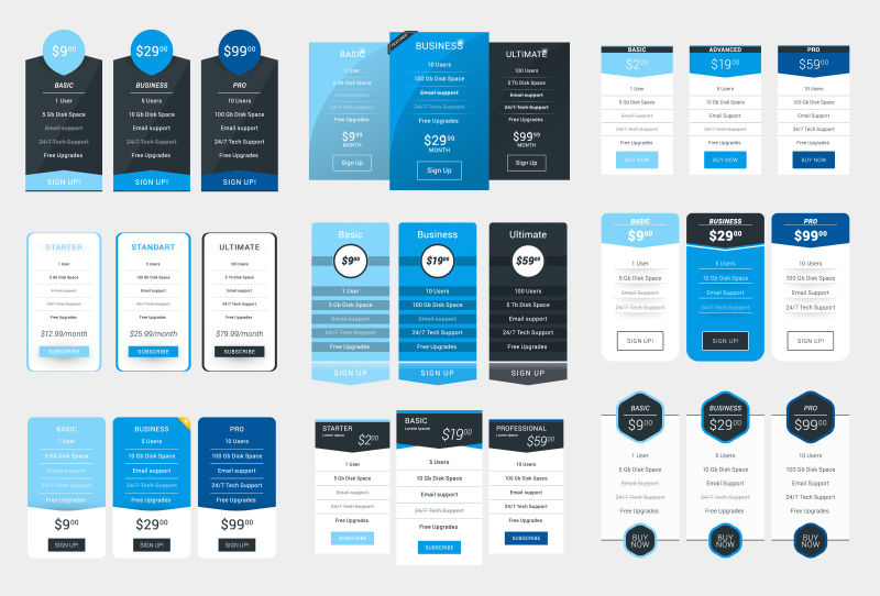 矢量蓝色主题现代网站定价页面设计