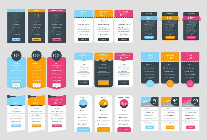 矢量彩色现代商业网站定价页面