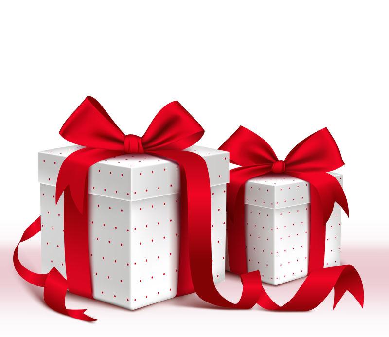 逼真3D彩色红色礼盒图案缎带蝴蝶结矢量