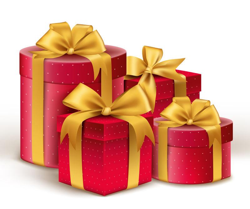 逼真的矢量3D红色礼品与彩色金色缎带包装