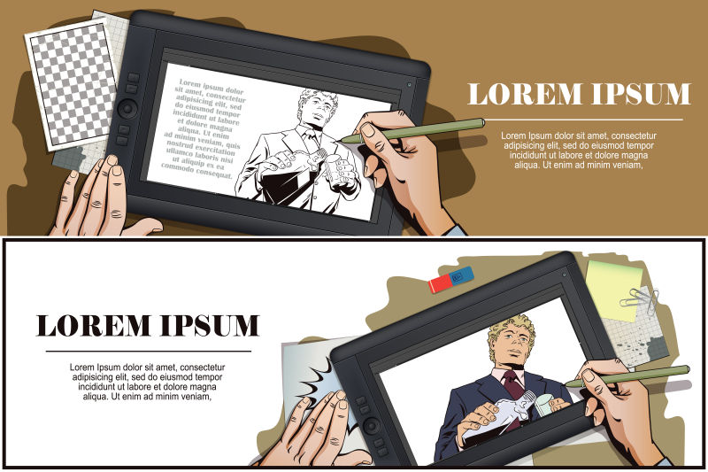 平板手绘喝酒的男子矢量漫画横幅