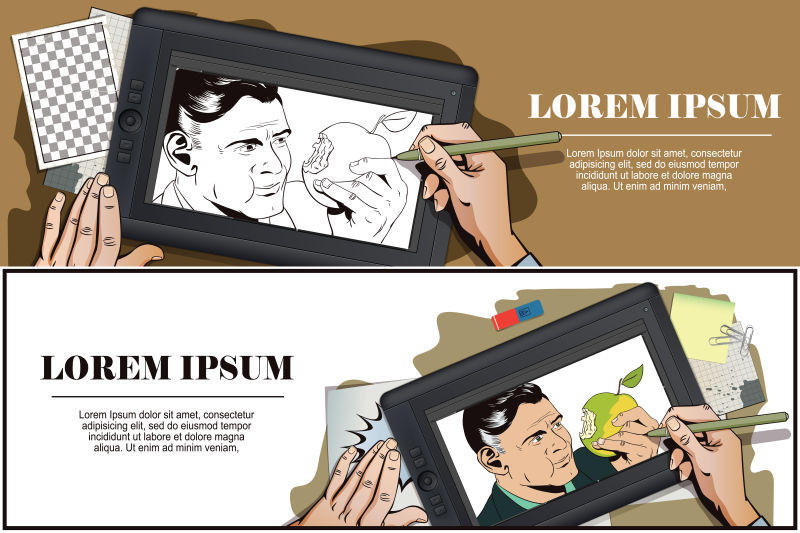 平板电脑上吃苹果的人手绘漫画矢量横幅