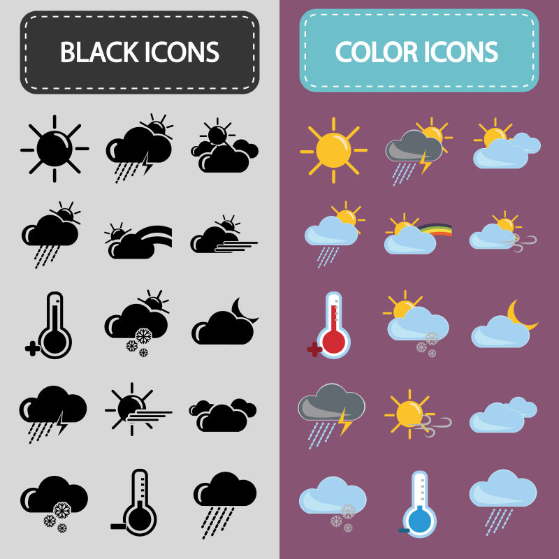 创意矢量黑色和彩色的天气图标设计
