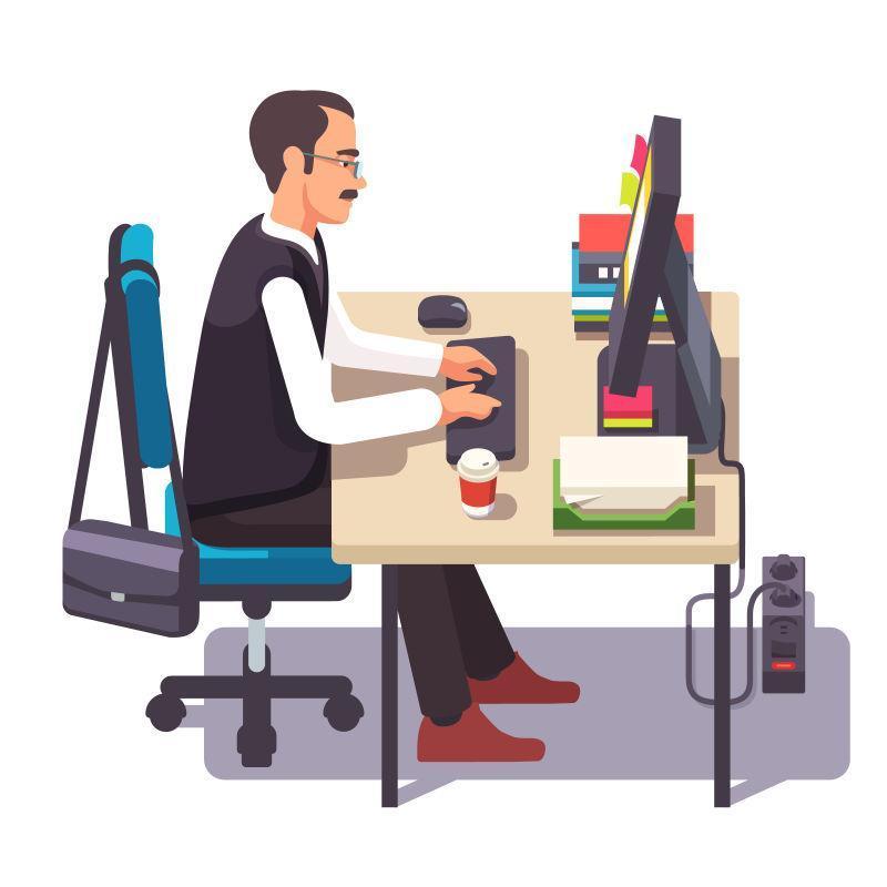 店员在办公桌上的台式电脑上工作矢量图