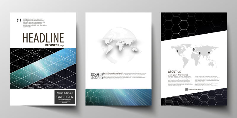 矢量白色六方分子式和世界地图宣传册封面设计