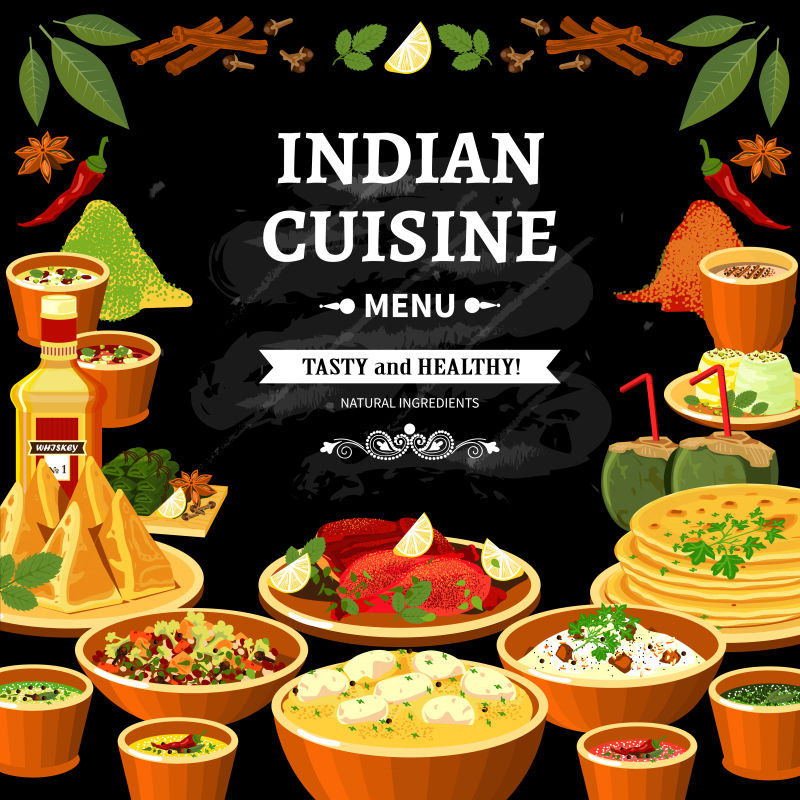 印度菜餐厅菜单黑板海报矢量插图