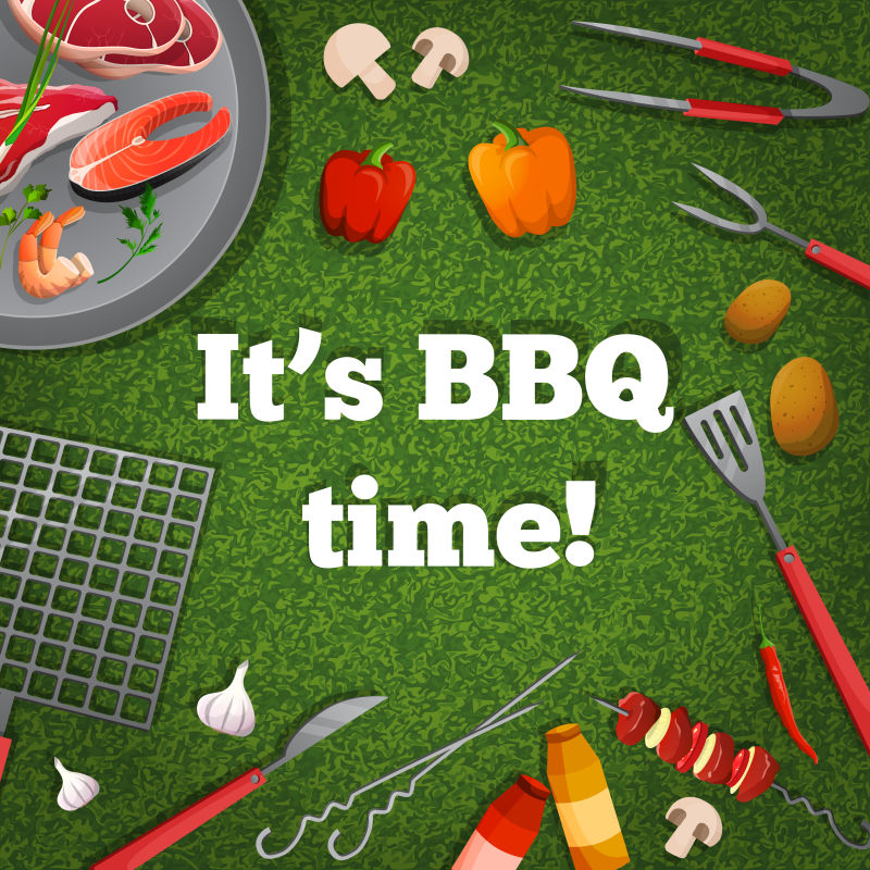 烧烤烤肉野餐海报和肉鱼蔬菜矢量插图