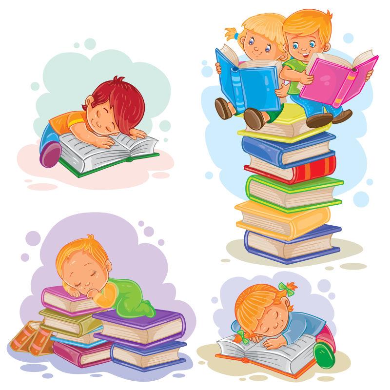 矢量设计阅读书籍的孩子们