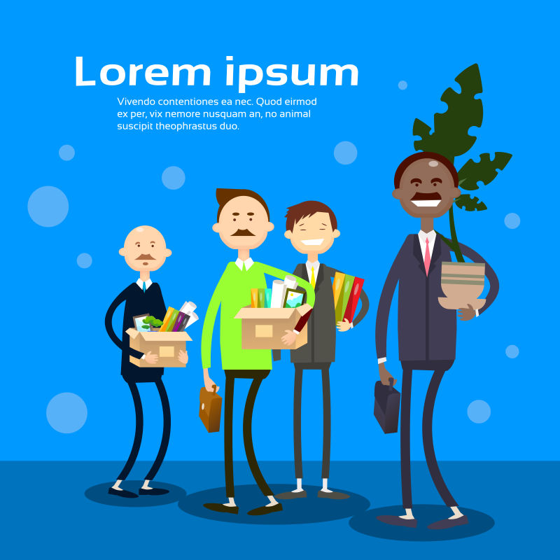 蓝色背景下拿着办公用品的女商人