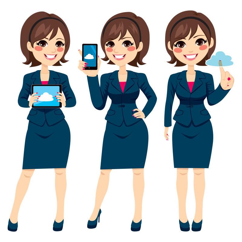 女商人使用不同的云设备矢量图