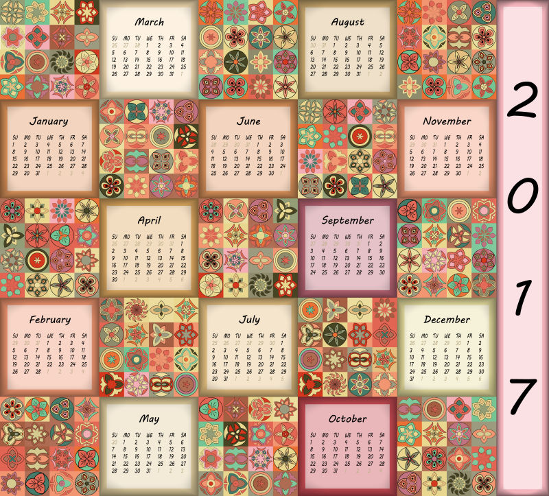 古典花卉东方图案矢量日历