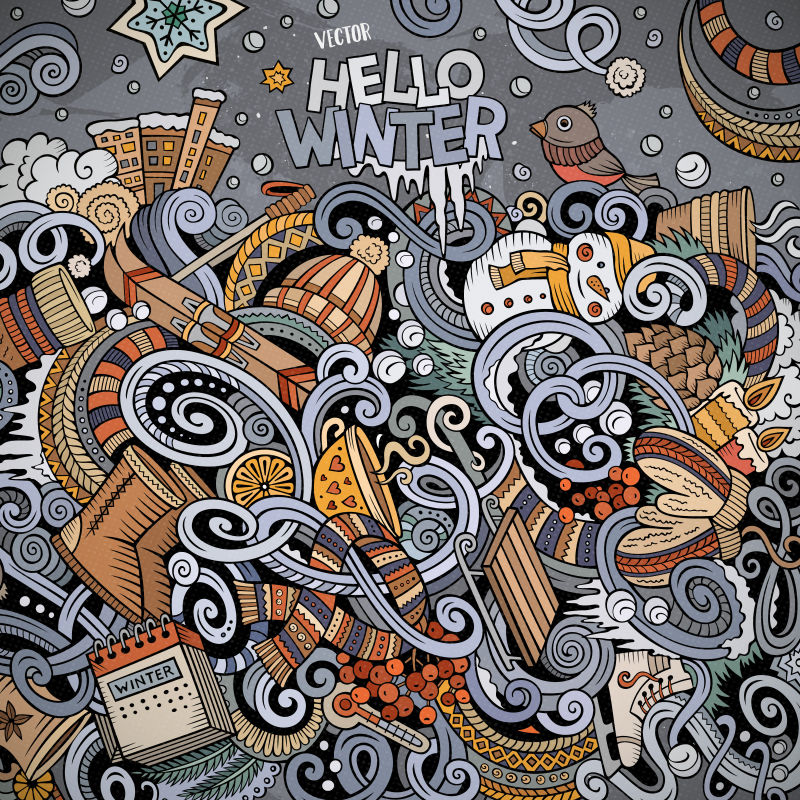 冬季彩色手绘涂鸦矢量图