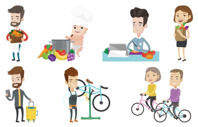 人们吃饭和旅行的向量集