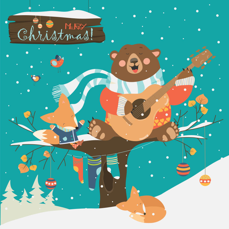 可爱的小熊和小狐狸庆祝圣诞节矢量插图