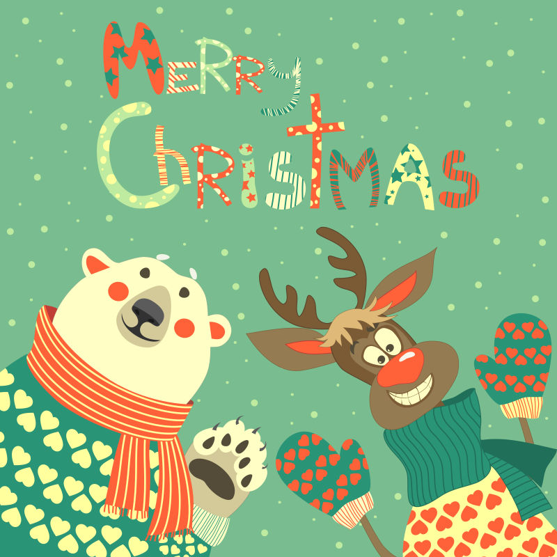 驯鹿和北极熊用矢量贺卡庆祝圣诞节
