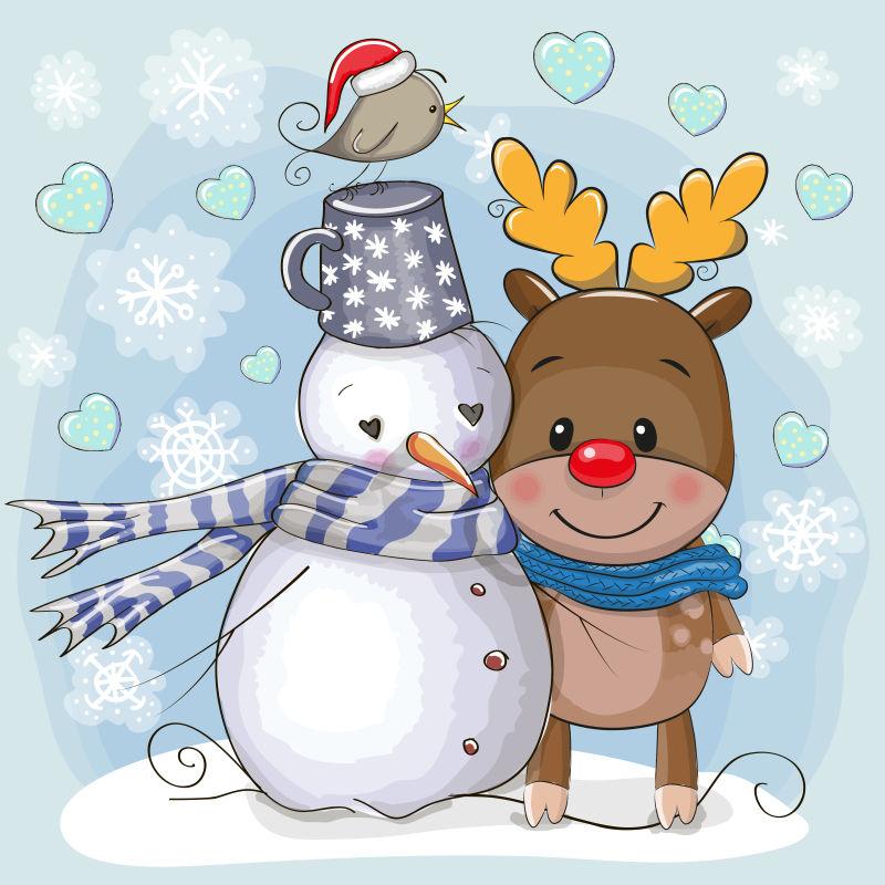 可爱卡通鹿和雪人矢量图