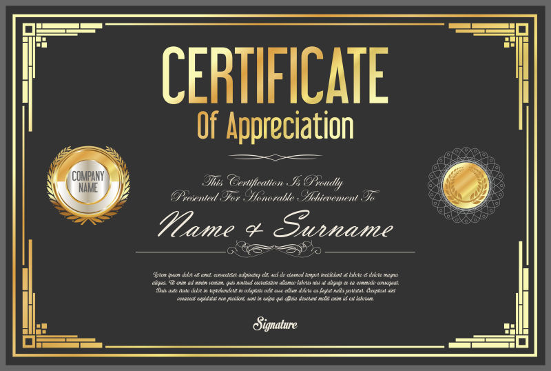 黑色毕业证书证书样板矢量设计图