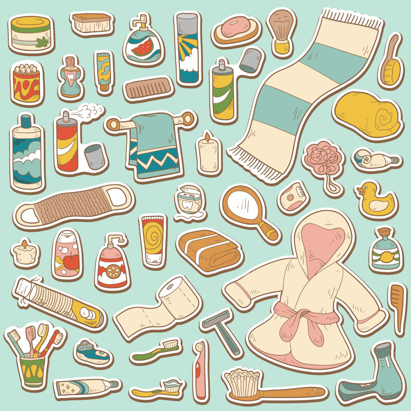 矢量卡通浴室元素及个人卫生用品的贴纸