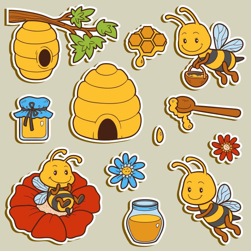 矢量一套可爱的蜜蜂和物件贴纸