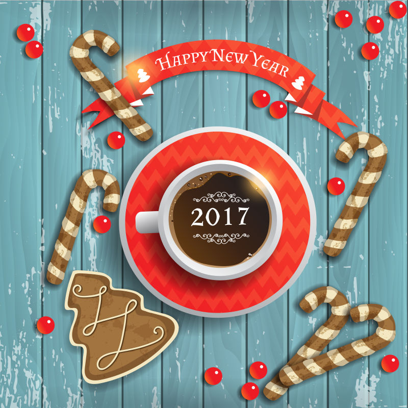 矢量圣诞节背景与一杯咖啡和节日姜饼在蓝色木桌上