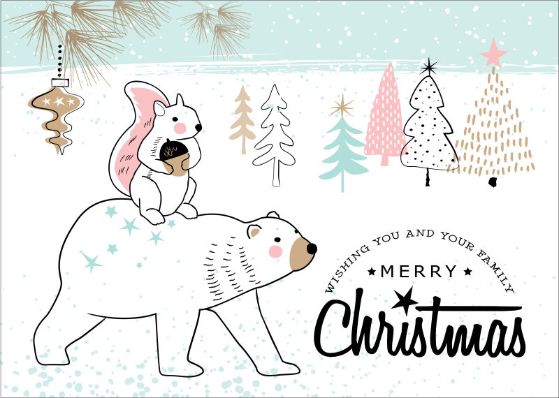 小松鼠小熊圣诞矢量贺卡