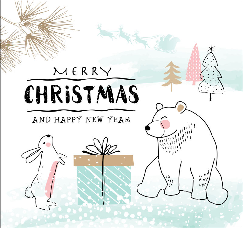 可爱的小兔子小熊圣诞矢量贺卡