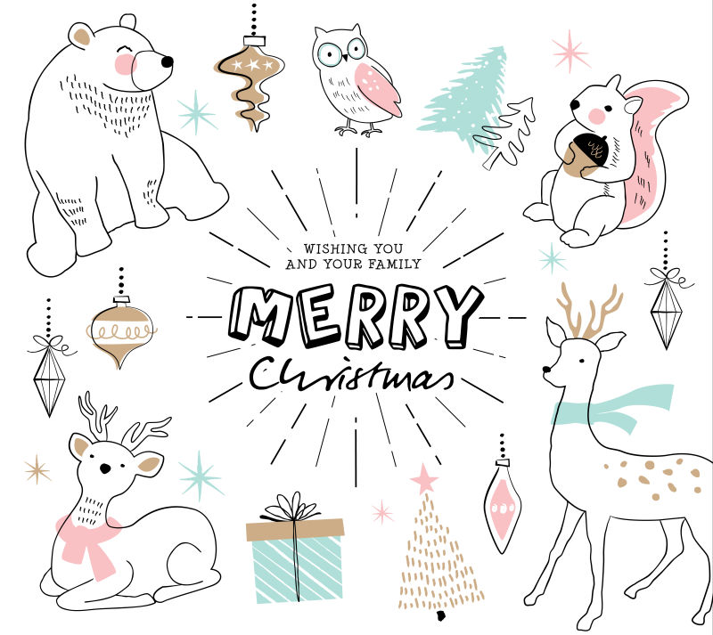 可爱的动物圣诞矢量贺卡