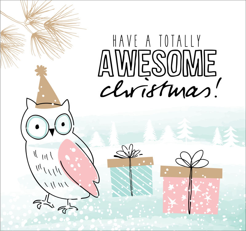 小猫头鹰圣诞矢量贺卡