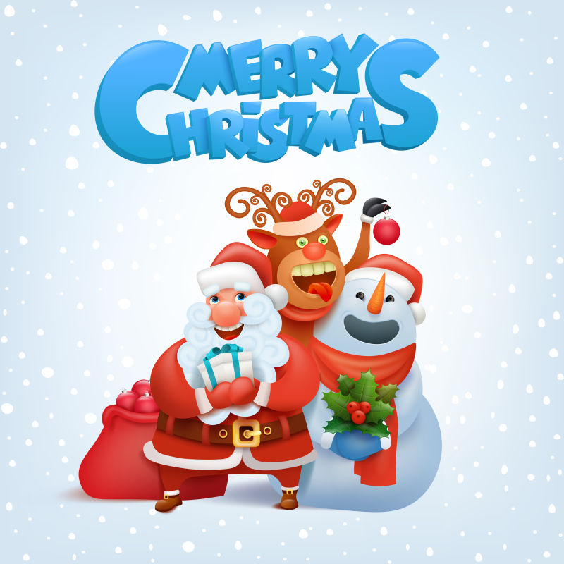 圣诞老人驯鹿和雪人圣诞贺卡矢量图