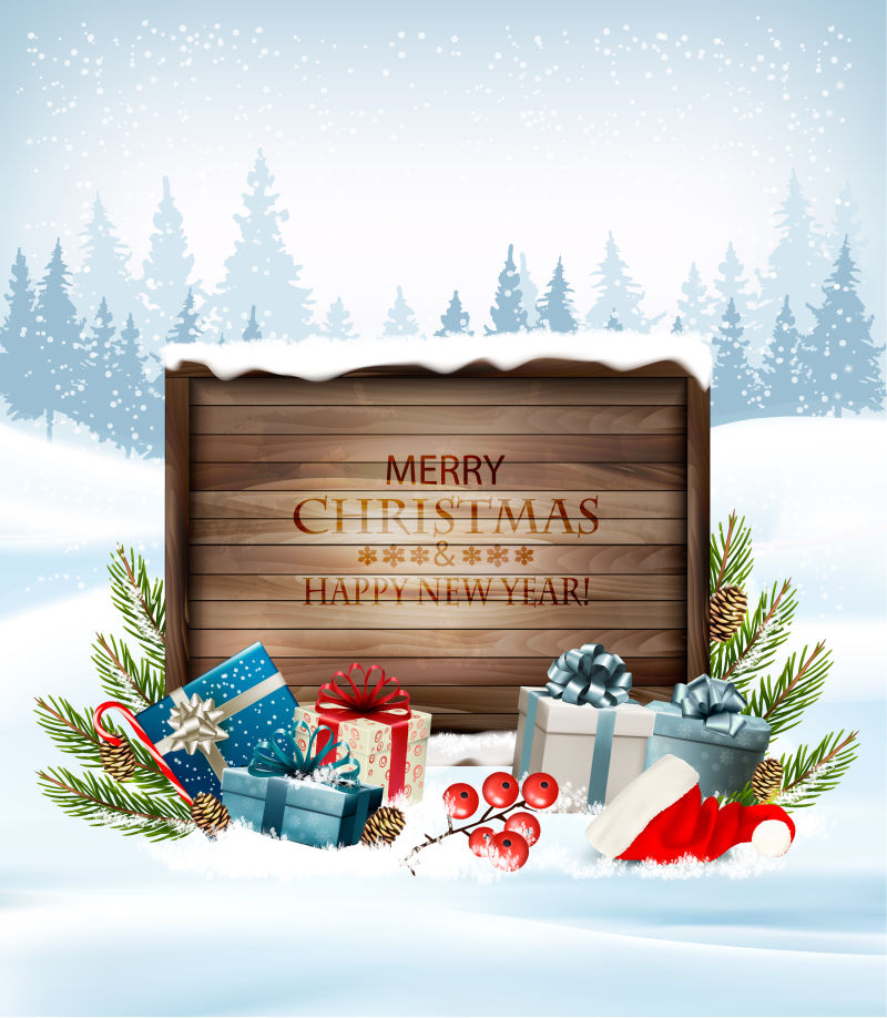矢量圣诞节背景与复古木制标志和礼品盒