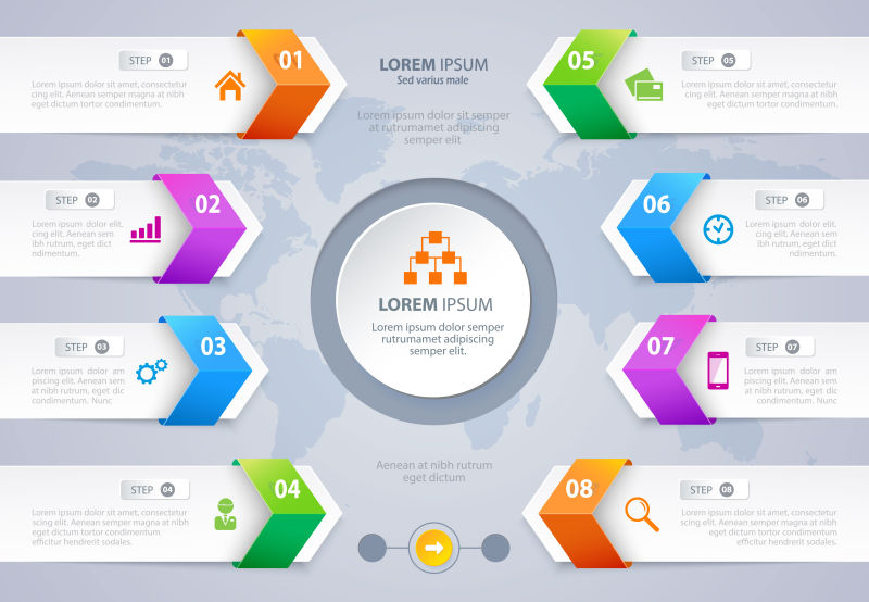 矢量步选项箭横幅信息图表设计与灰色背景下的世界地图