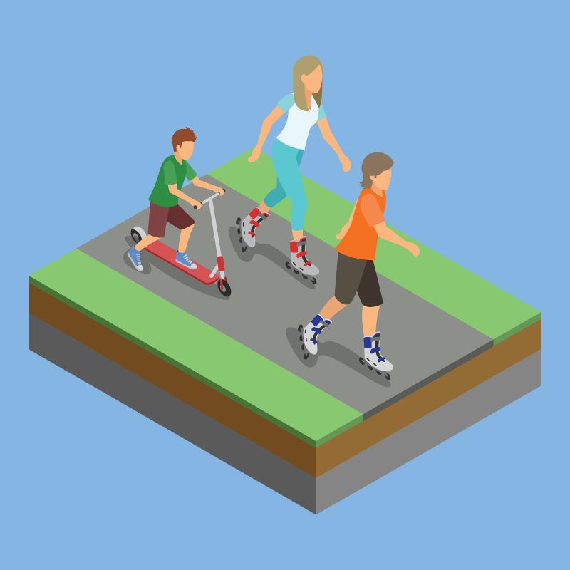 公园玩溜冰鞋的等距平面设计矢量